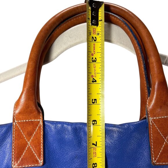 Amber Rose Blue Leather Purse Shoulder Bag Italy Tan Handles Zippers Pockets - Picture 10 of 14